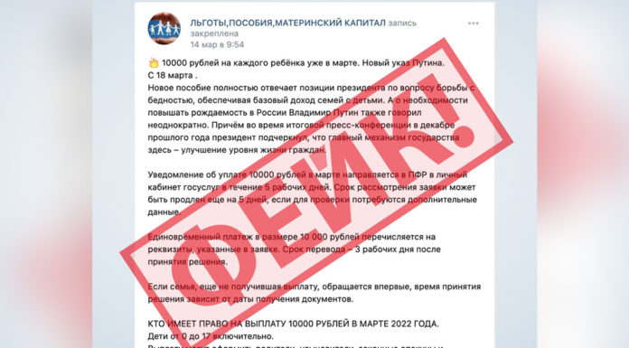 Пенсионный фонд опроверг информацию о выплатах в 10 000 рублей на каждого ребенка